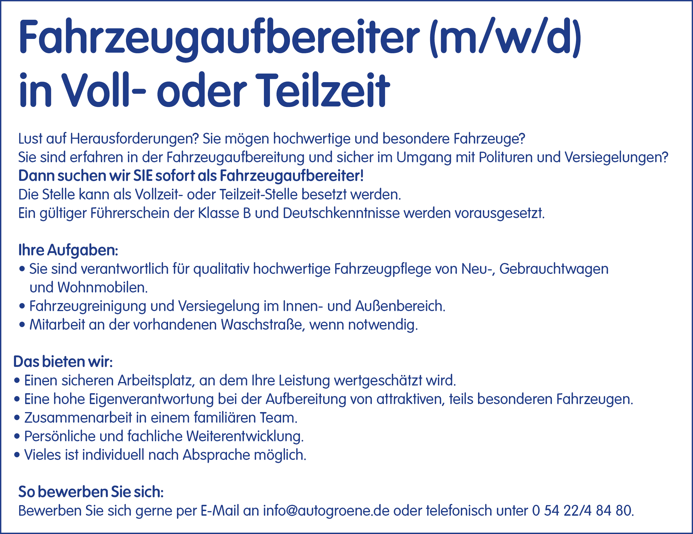 Aufbereiter zu sofort gesucht Autopflege Gröne